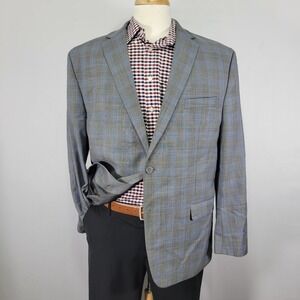 Michael Stran Men's Sport Coat Blazer Two Button Gray‎ Blue Plaid Wool Blend 46R